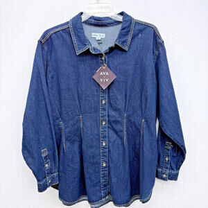 Ava & Viv Women's 2X LS Denim Darted Waist Button Down Shirt Dark Wash